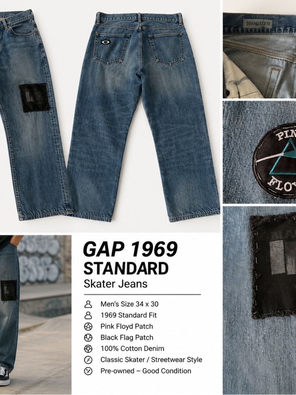GAP 1969 Skater Jeans 34x30 Pink Floyd Black Flag Patch Streetwear Denim